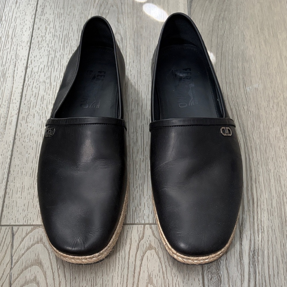 Ferragamo Black Leather Loafers with Espadrille Sole